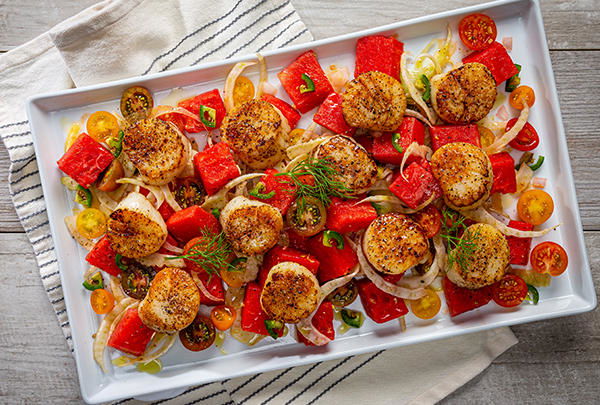 Image 25: Seared Scallops with Watermelon, Fennel & Tomato Salad