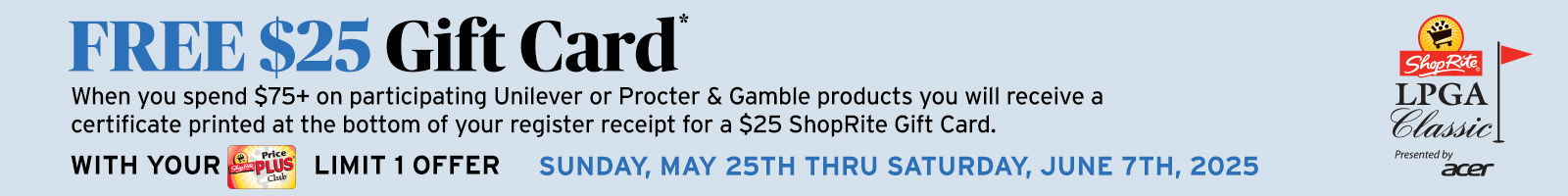 Free $25 ShopRite Gift Card when you spend $75+ on participating items