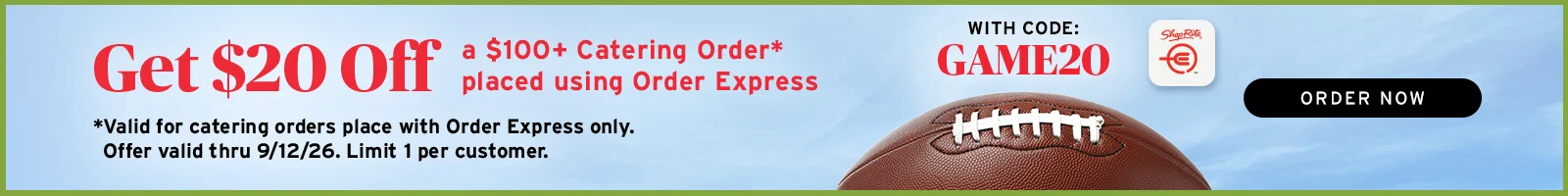 Game time catering - get $20 off when you spend $100+