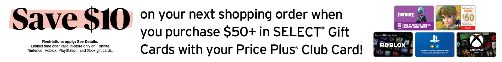 Save $10 when you purchase 50+ in select gift cards