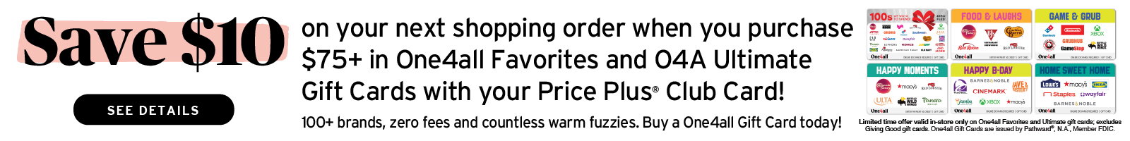 save $10 on your next shopping order when you purchase $75+ on select gift cards