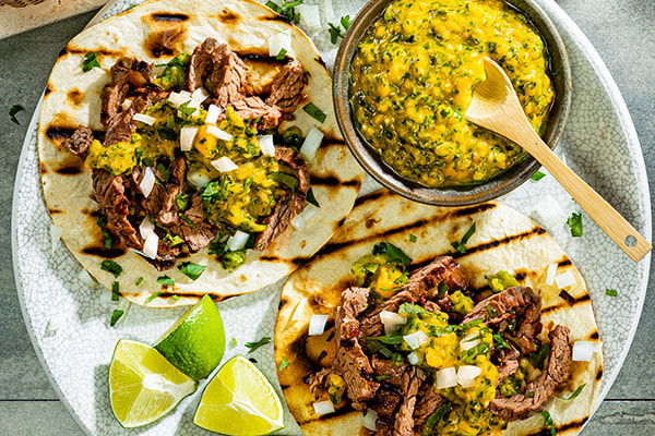 Grilled Skirt Steak Tostadas with Mango Chimichurri Recipe