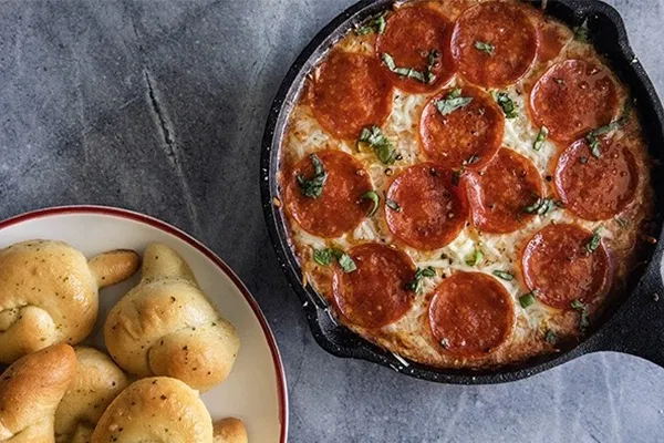 Pepperoni Pizza Dip with Garlic Knots