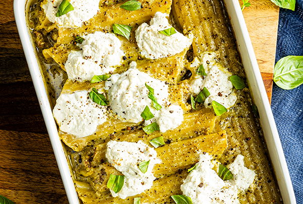 4-Ingredient Chicken Sausage & Pesto Manicotti